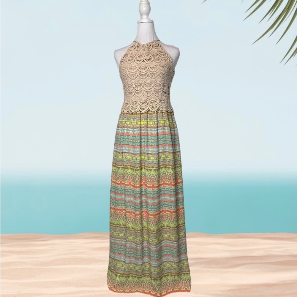Kenji Anthropologie Halter Dress Crochet Multicolor Beach Maxi Boho Size 4